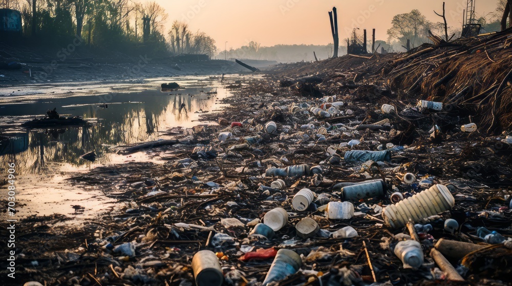 A polluted riverbank with discarded industrial waste - obrazy, fototapety, plakaty 