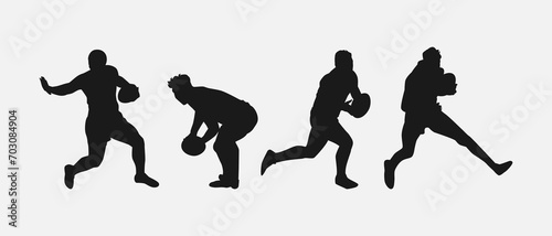 set of silhouettes of male rugby athlete with different pose, gesture. isolated on white background. vector illustration.
