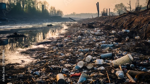 A polluted riverbank with discarded industrial waste