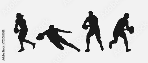 set of silhouettes of male rugby athlete with different pose, gesture. isolated on white background. vector illustration.