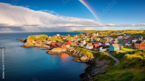 A rainbow illuminating a serene coastal village