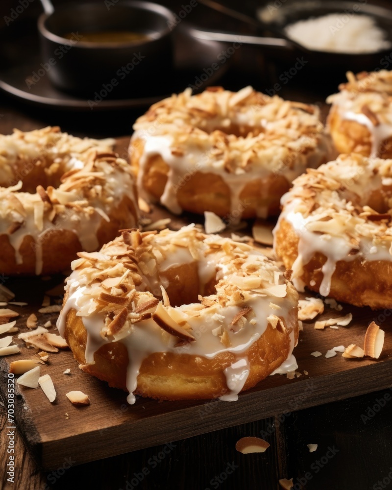 A captivating image capturing a donut infused with aromatic es like cardamom and cloves, covered in a sweet honey glaze, and garnished with toasted coconut flakes, transporting your taste A captivating image capturing a donut infused with aromatic es like cardamom and cloves, covered in a sweet honey glaze, and garnished with toasted coconut flakes, transporting your taste