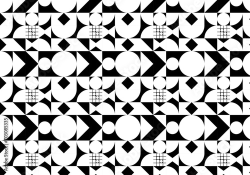 seamless pattern design with geometric shapes, vector graphics, black and white color
