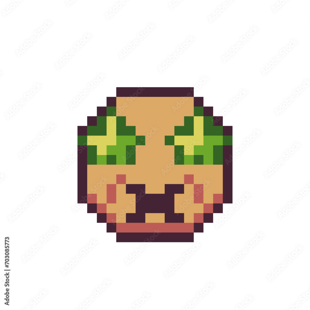 Emoticon with green star eyes icon, smile face cartoon character. Pixel art style. 8-bit style. Isolated abstract vector illustration.