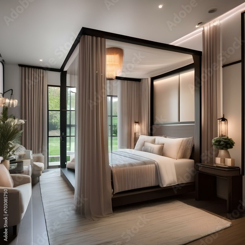 A spa-like bedroom with a canopy bed, sheer curtains, and soft, calming colors2