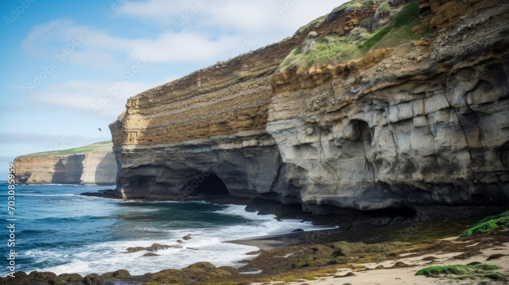 Coastal cliffs with caves eroded by the relentless ocean