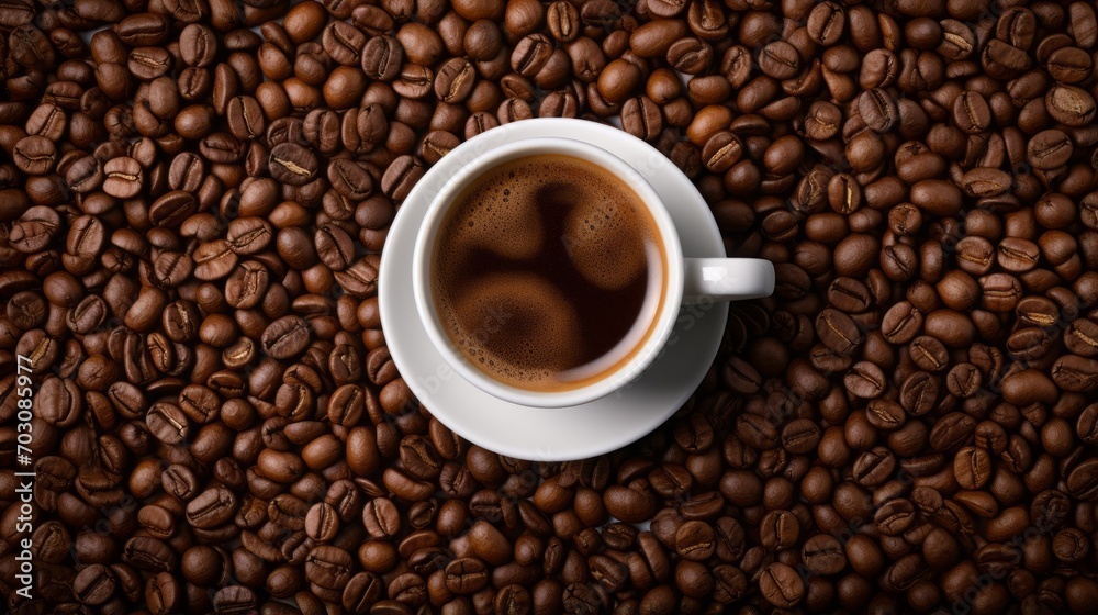 Coffee beans arranged around a coffee cup, evoking anticipation Coffee beans arranged around a coffee cup, evoking anticipation