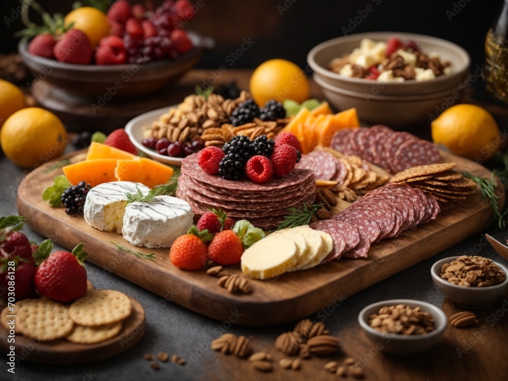 Delicious dessert and appetisers Charcuterie board, ideal dish to start the happy dinner, food photo