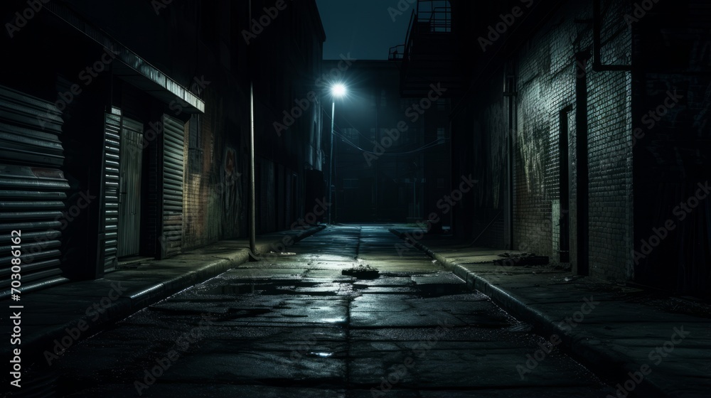 Dark alleyway with flickering streetlights and ominous shadows
