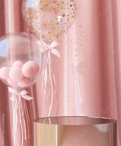 Shiny gold podium table with pink balloons and curtain in background for luxury beauty, cosmetic, skincare, body care, fashion product display. Love, romantic, valentine’s day.