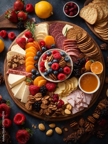 Delicious dessert and appetisers Charcuterie board, ideal dish to start the happy dinner, food photo