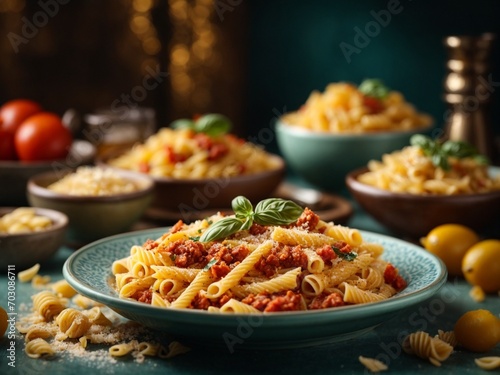 Delicious Italian pasta, food photography, studio lighting and background, famous noodle dish from Italy