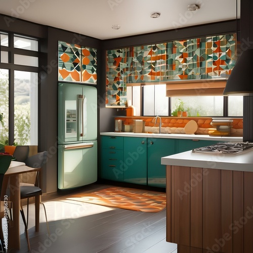 A mid-century modern kitchen with retro appliances, geometric patterns, and bold colors1 photo