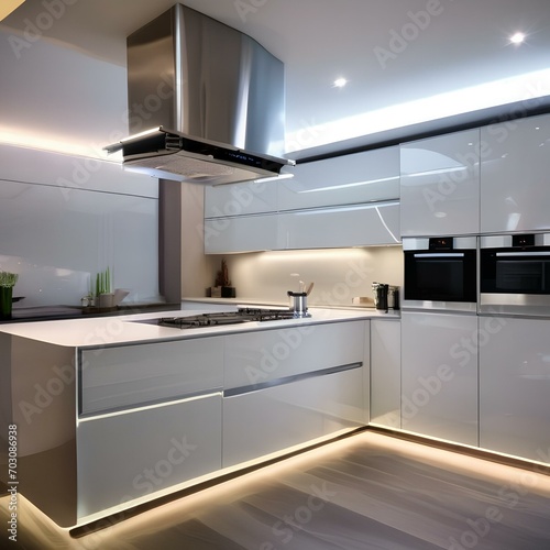 A futuristic kitchen with high-gloss cabinets, LED lighting, and cutting-edge appliances1