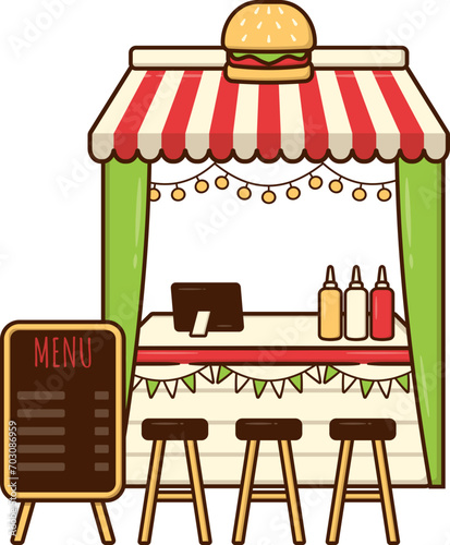 Burger Stall Market Stand with Menu Board, Fast Food Products Small Business Store Shop Front, Street Food Festival