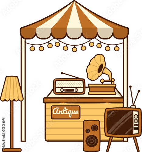 Antiques Stall Market Stand, Tent of Old Electronic Product Store Shop Front