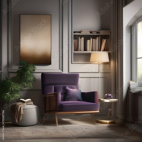 A cozy reading corner with a comfortable armchair, floor lamp, and a stack of books3