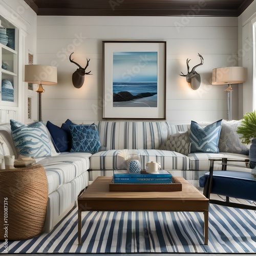 A coastal-themed living room with nautical decor, striped accents, and ocean-inspired colors1 photo