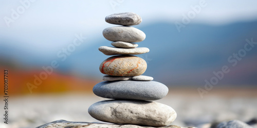 Stack of balanced stones in a tranquil nature setting, symbolizing peace and harmony.