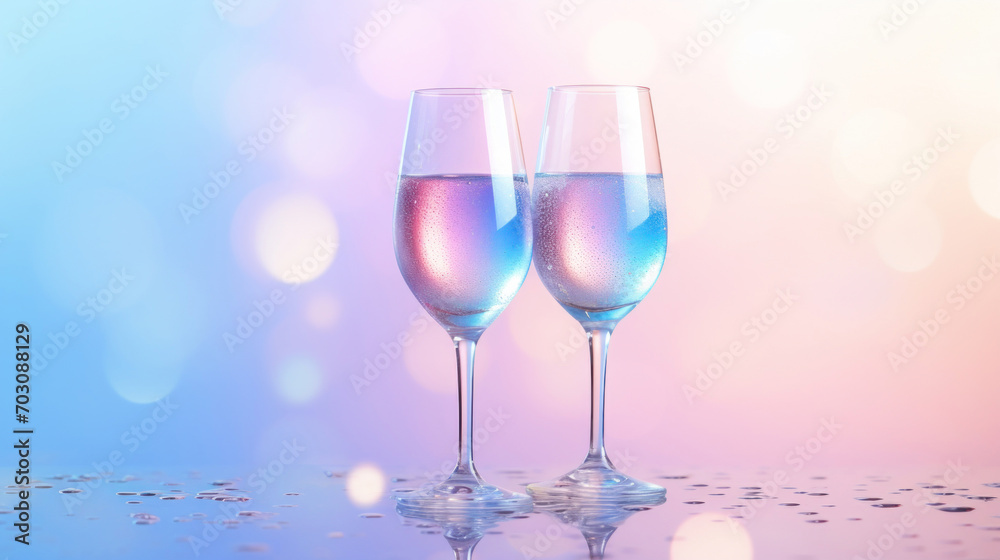 Pair of champagne glasses reflecting vibrant pink and blue hues, with a celebratory feel.