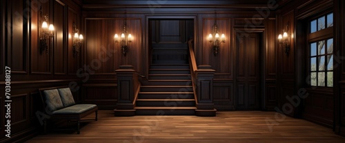 An upstairs hallway in a luxury home with a coffered ceiling, dark hardwood floor, a wooden bench, and board and batten walls.