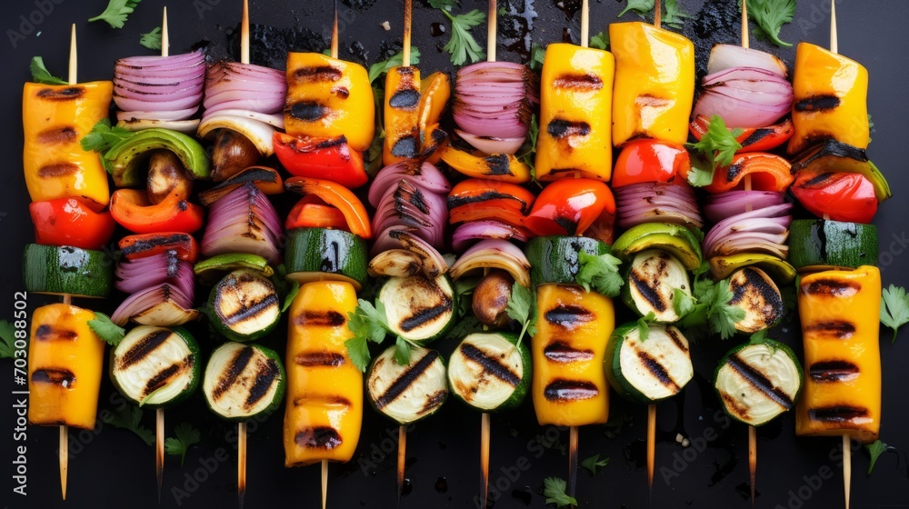 Colorful skewers of BBQ vegetables, a vegetarian BBQ delight