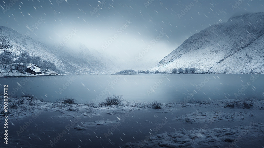 Snowstorm over a Mountain Lake. A mountain lake scene beautiful.