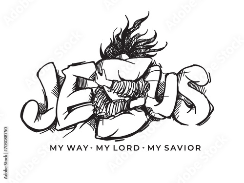 Jesus is my Way. Jesus is my Lord. Jesus is my Savior. Jesus loves you. Christian truths. Graphic inscription. Quote