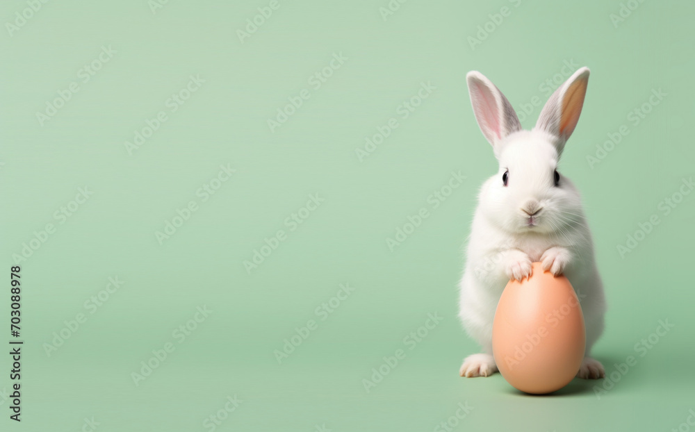 Adorable white Easter bunny holding an egg on a soft pastel green background, festive spring theme. Adorable white Easter bunny holding an egg on a soft pastel green background, festive spring theme.
