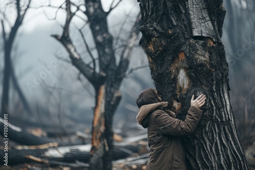 Lonely kid hugging a tree in a bleak landscape, a stark representation of seeking comfort amidst desolation.