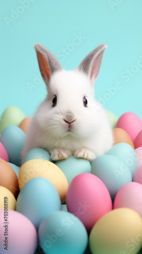 A cute white bunny sitting amidst colorful Easter eggs on a bright blue background, festive and playful. © tashechka