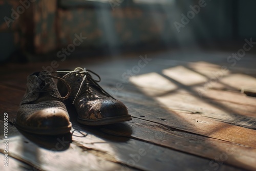 A pair of old, well-worn shoes on a wooden floor, symbolizing the journey of life and stories told through objects.