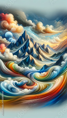 Abstract oil painting of mountains in the style of impressionism and modern surrealism poster for wall decor