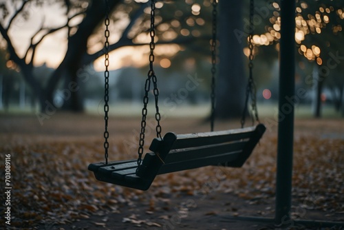 Swing set in a park at dusk, with a melancholic and contemplative mood set by the fallen leaves and soft lighting.