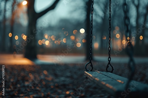 Empty swing in a park during twilight, the lights in the background create a nostalgic and serene scene.