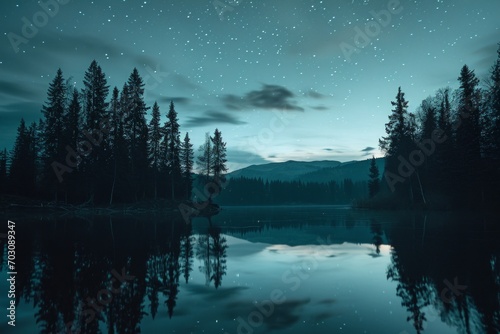 Starry night over a tranquil lake and forest silhouette, perfect for themes of serenity and the cosmos.© Kishore Newton