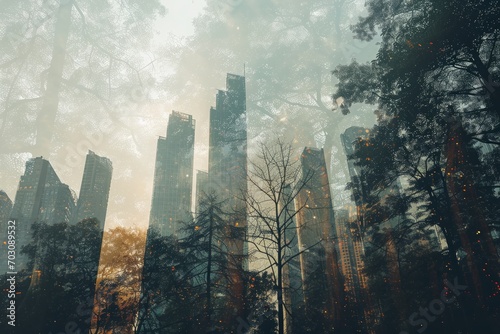 Misty cityscape blended with a forest  illustrating the balance between urban development and nature  