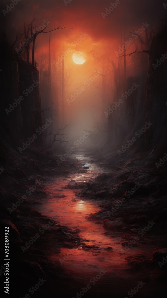 A Painting of a Sunset in a Dark Forest