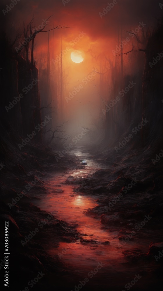 A Painting of a Sunset in a Dark Forest A Painting of a Sunset in a Dark Forest