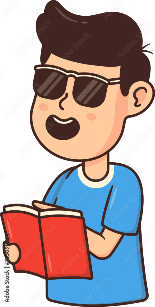 Blind Man Character Reading Braille Book wear Black Eyeglasses and Finger Hands Touching Dots