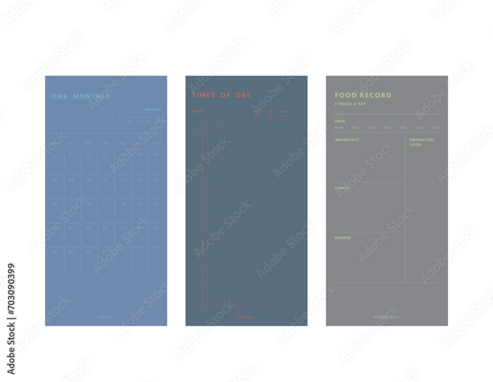 (ocean) set of one monthly and times of day and food record planner. (ocean) set of one monthly and times of day and food record planner.