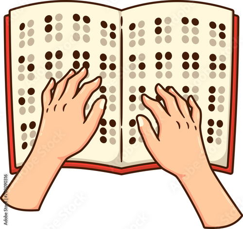 Blind People Reading Braille Book with Fingers Hand Touching Dots Sign