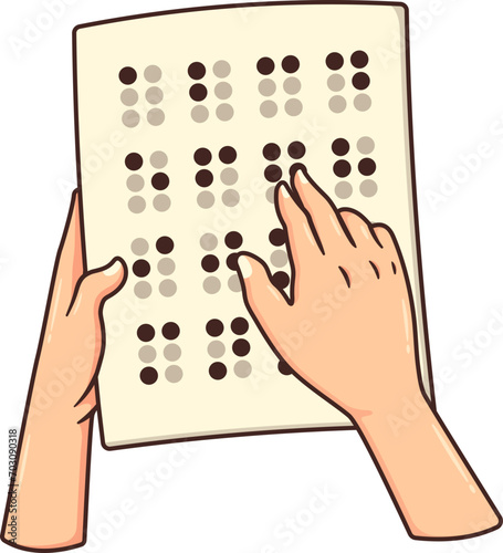 Blind People Reading Braille Book with Fingers Hand Touching Dots Sign