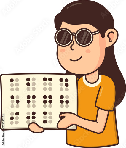 Blind Woman Character Learning Braille Book wear Black Eyeglasses and Finger Hands Touching Dots