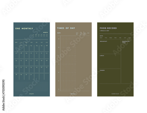 (Fashion) set of one monthly and times of day and food record planner. 