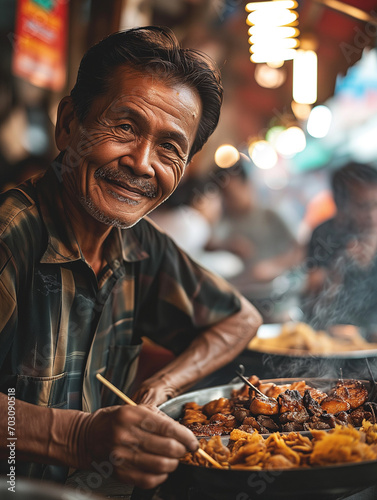 A Photo Of A Hispanic Man Enjoying A Street Food Tour In Bangkok Thailand