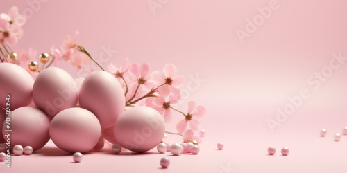 Soft pink Easter eggs elegantly arranged with delicate flowers on a soothing pastel pink background.