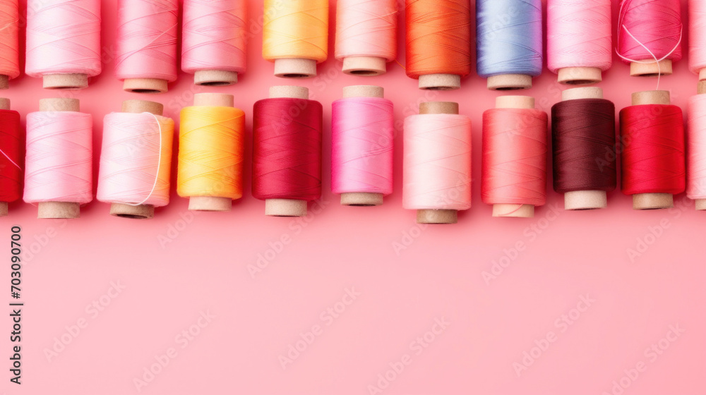 Multiple rows of vibrant sewing threads displayed on a pink background, showcasing a diversity of colors for textile projects. Multiple rows of vibrant sewing threads displayed on a pink background, showcasing a diversity of colors for textile projects.