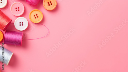 A creative arrangement of colorful sewing spools and matching buttons on a bright pink background for crafting and sewing. photo