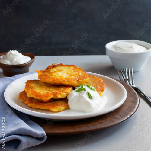 A plate of Polish placki ziemniaczane potato pancakes served with a dollop of sour cream in a rustic setting.